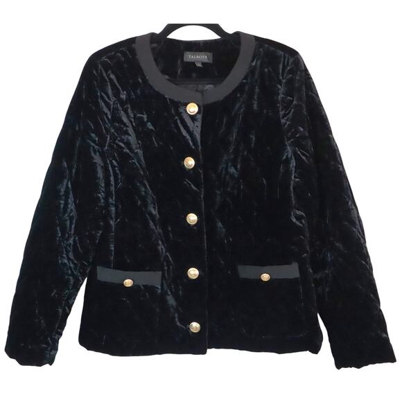 Talbots Black Quilted Velvet Velour Womens Gold Buttons Blazer Jacket Work Party - Picture 1 of 9